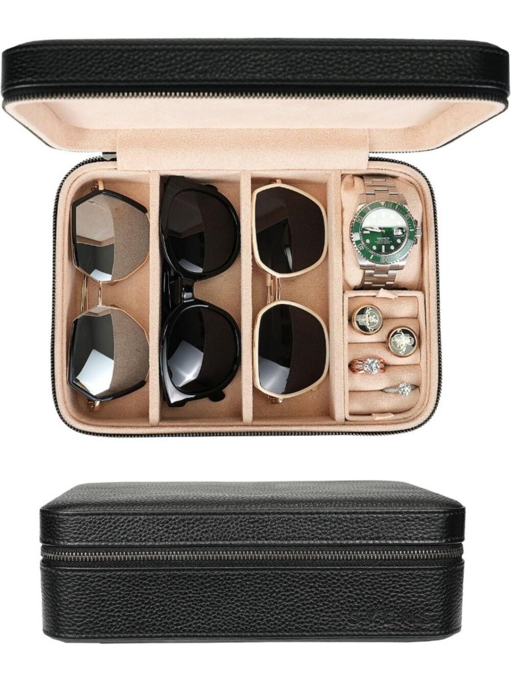 4 Slot Leather Sunglasses Travel Case | Eyeglasses & Jewelry Organizer Box